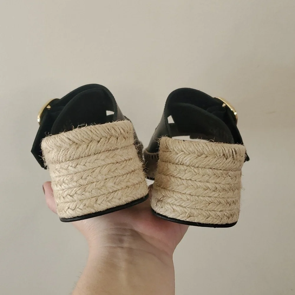 J. Crew Black Leather Block Heel Espadrille Sandals Size 8 Gold Buckle Womens